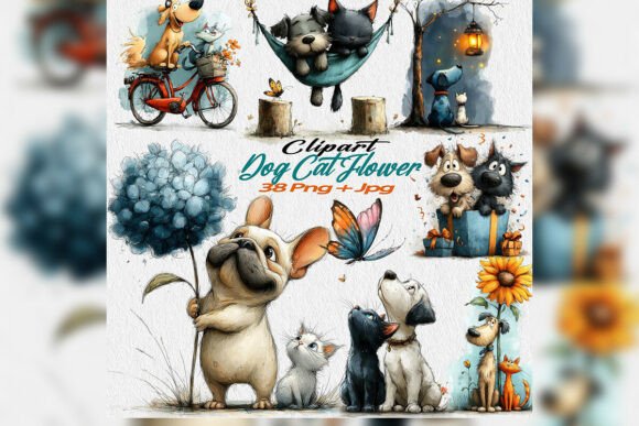 Download Whimsical Dog Cat Flower Clipart PNG Set - Flower Collection